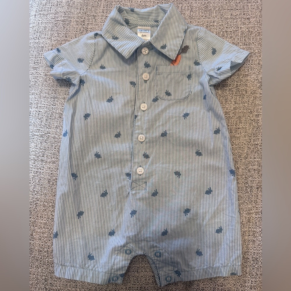 Carter’s Just One You Baby Boy Blue Striped Button Bunny Romper Carrot Sz 6m - Picture 2 of 10